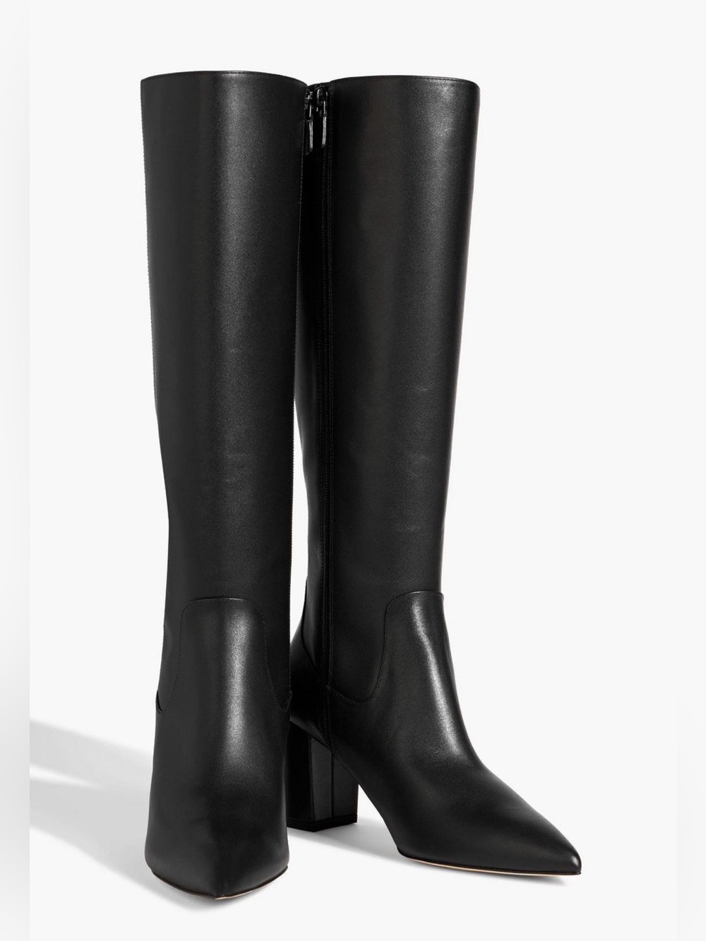 Stuart Weitzman Black Leather Knee-High Pointed Toe Block Heel Boots 7.5